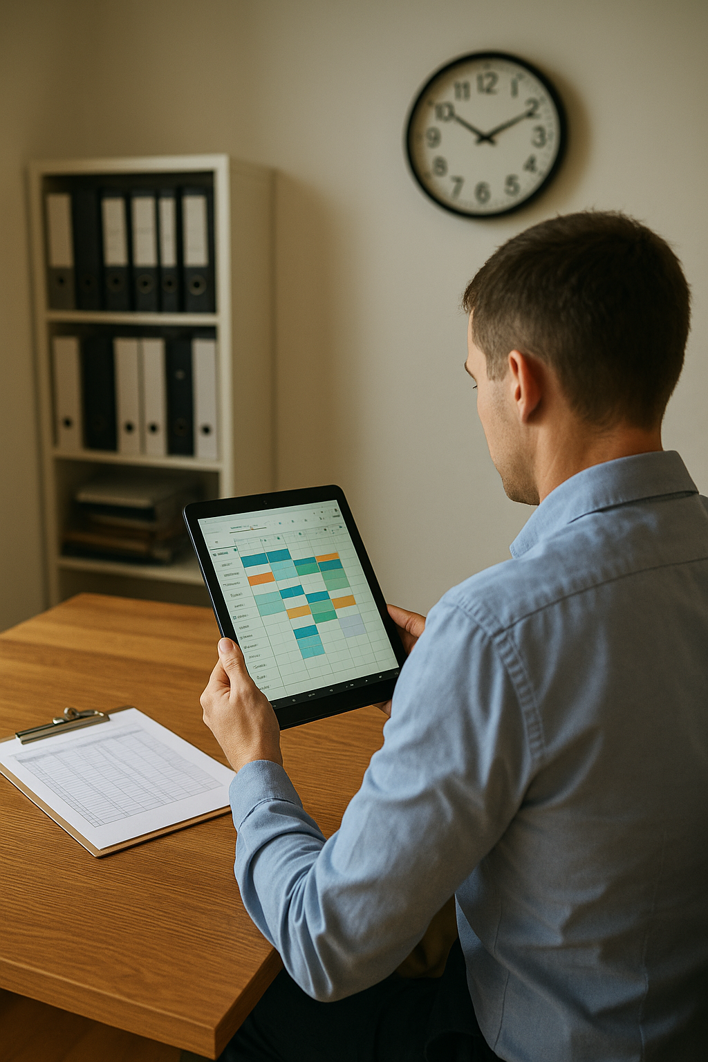 Restaurant manager reviewing staff schedule in busy kitchen office