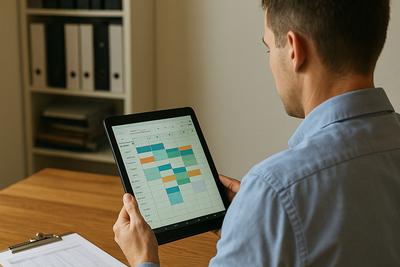 Restaurant manager reviewing staff schedule in busy kitchen office