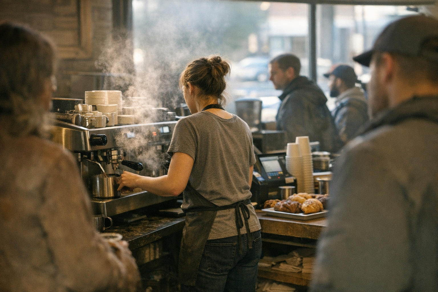 Cafe manager checking phone while lone barista works morning counter