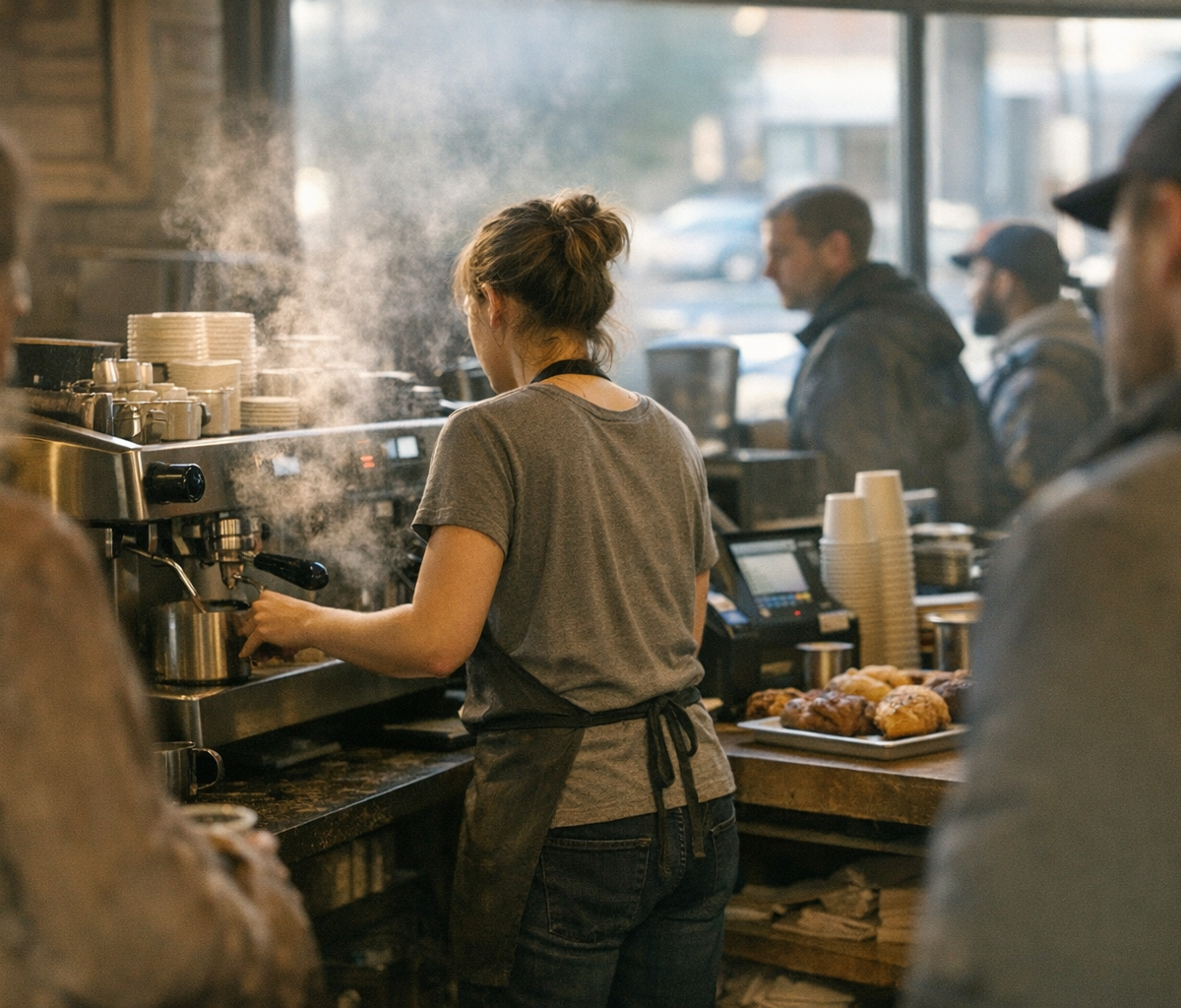 Cafe manager checking phone while lone barista works morning counter