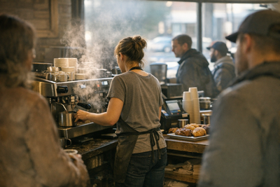 Cafe manager checking phone while lone barista works morning counter