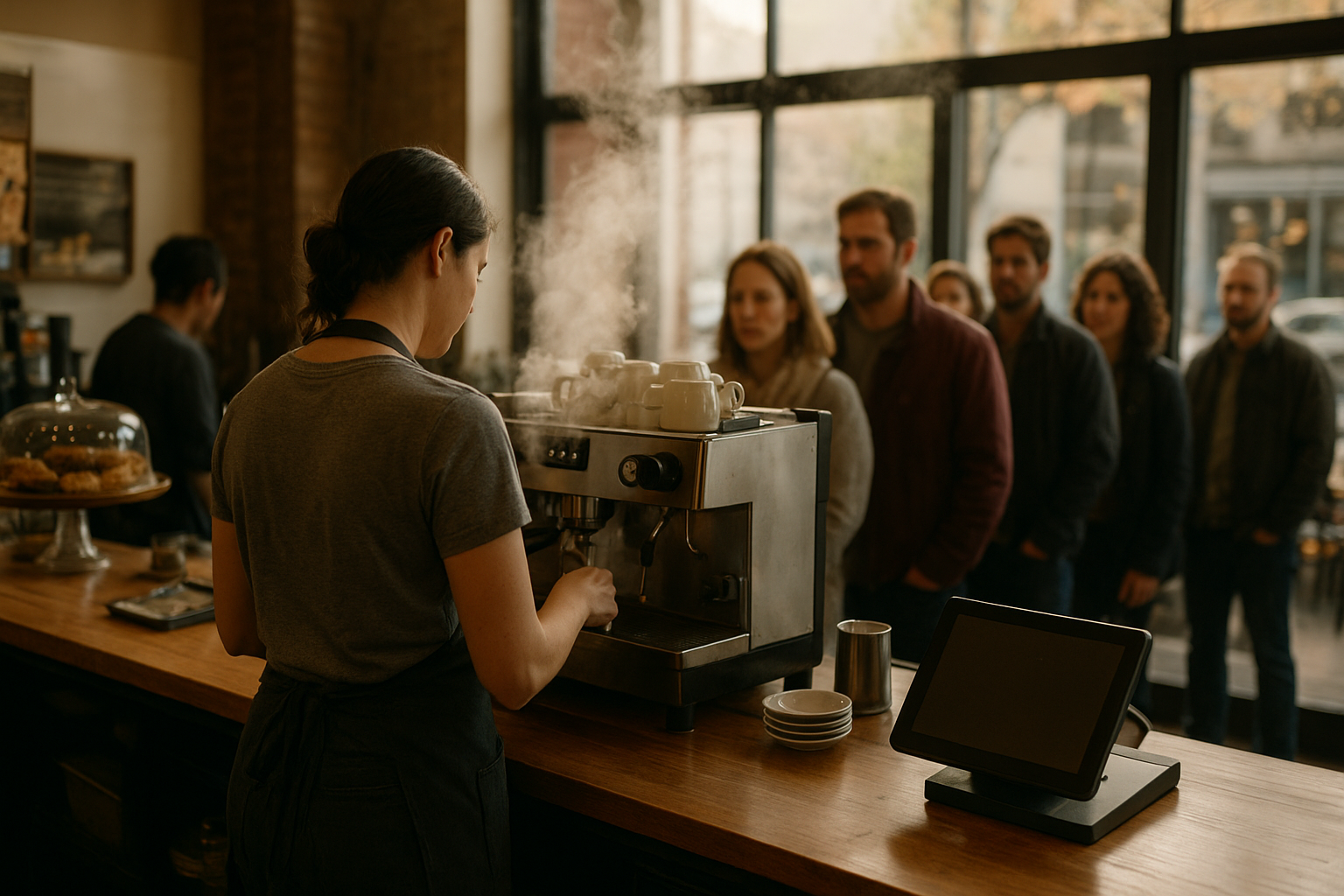Solo barista managing espresso machine and register during busy café morning rush
