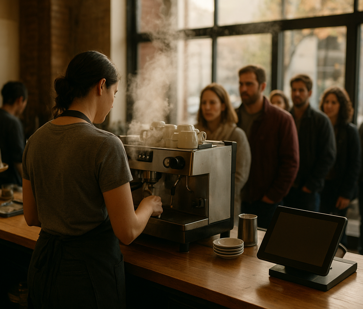 Solo barista managing espresso machine and register during busy café morning rush