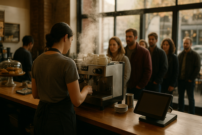 Solo barista managing espresso machine and register during busy café morning rush