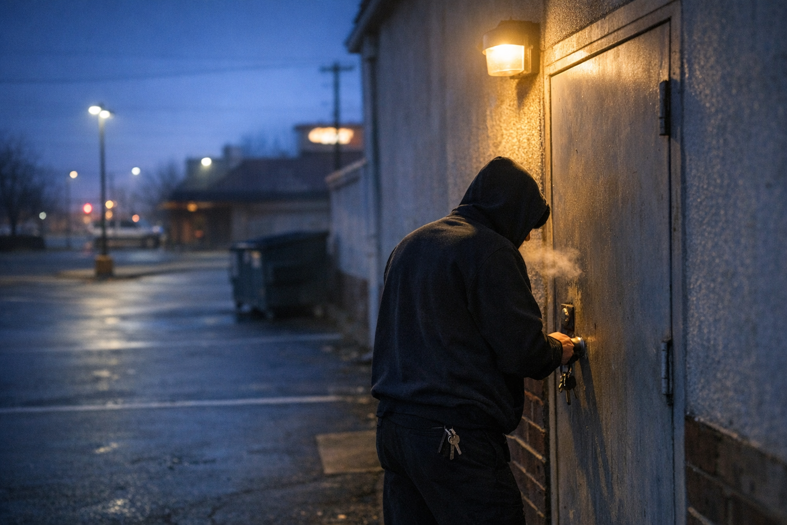 Tired restaurant worker unlocking front door at dawn after late close