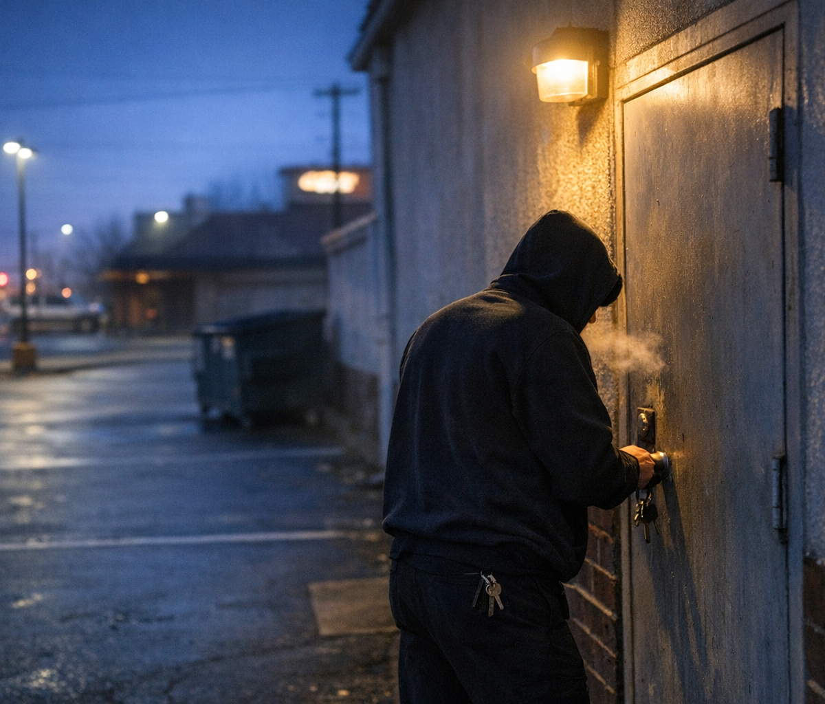 Tired restaurant worker unlocking front door at dawn after late close