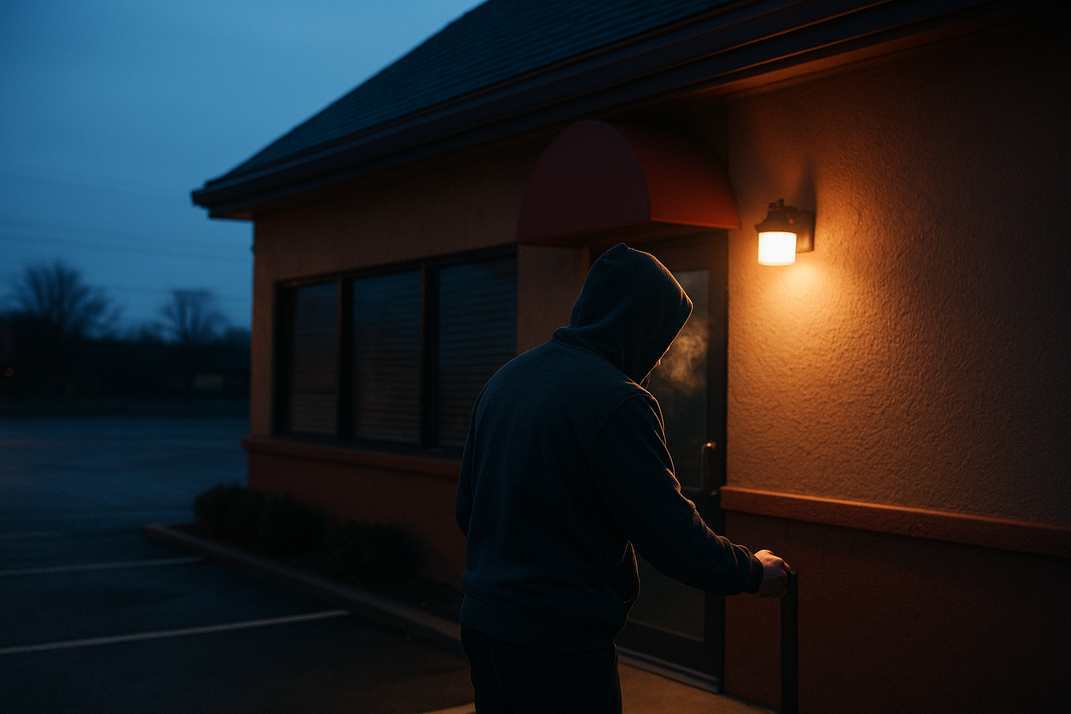 Tired restaurant worker unlocking front door at dawn after late close