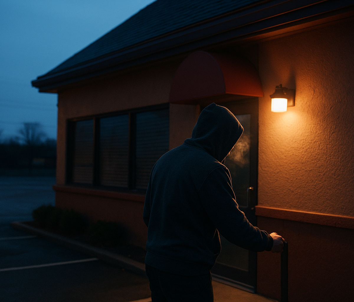 Tired restaurant worker unlocking front door at dawn after late close