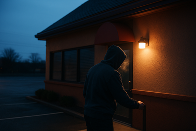 Tired restaurant worker unlocking front door at dawn after late close