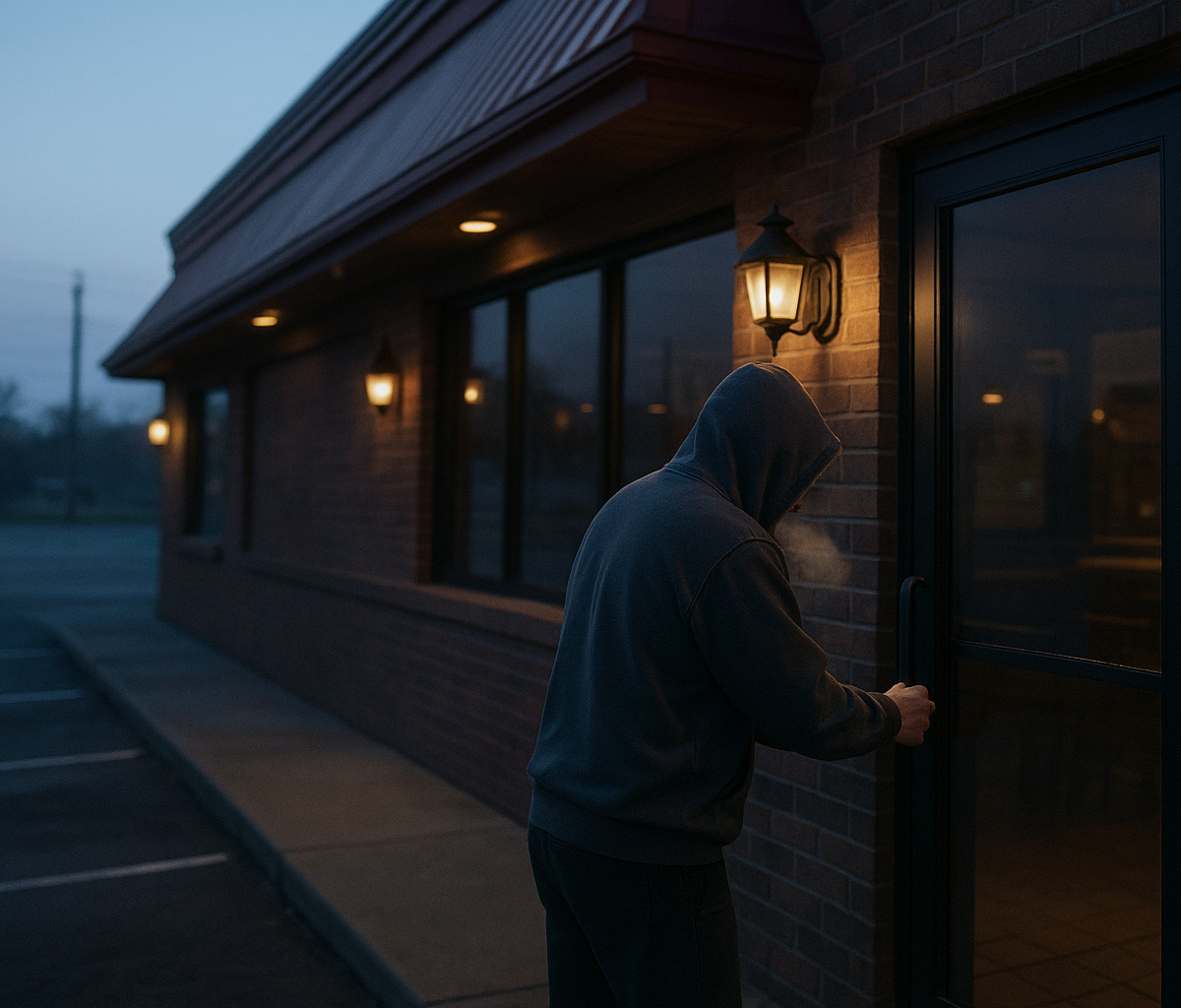 Tired restaurant worker unlocking front door at dawn after late close