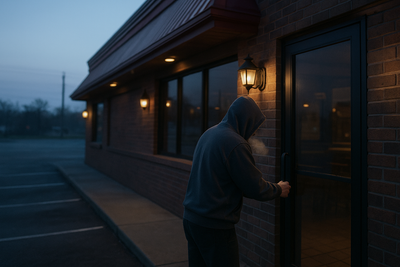 Tired restaurant worker unlocking front door at dawn after late close