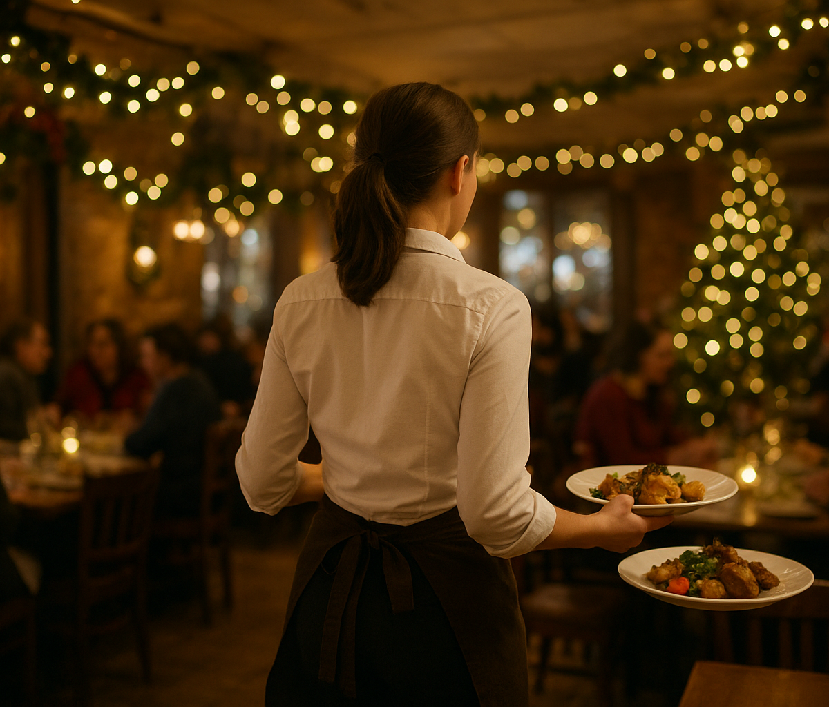 Restaurant manager reviewing holiday schedule with staff in busy dining room