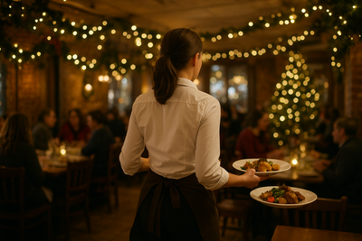 Restaurant manager reviewing holiday schedule with staff in busy dining room