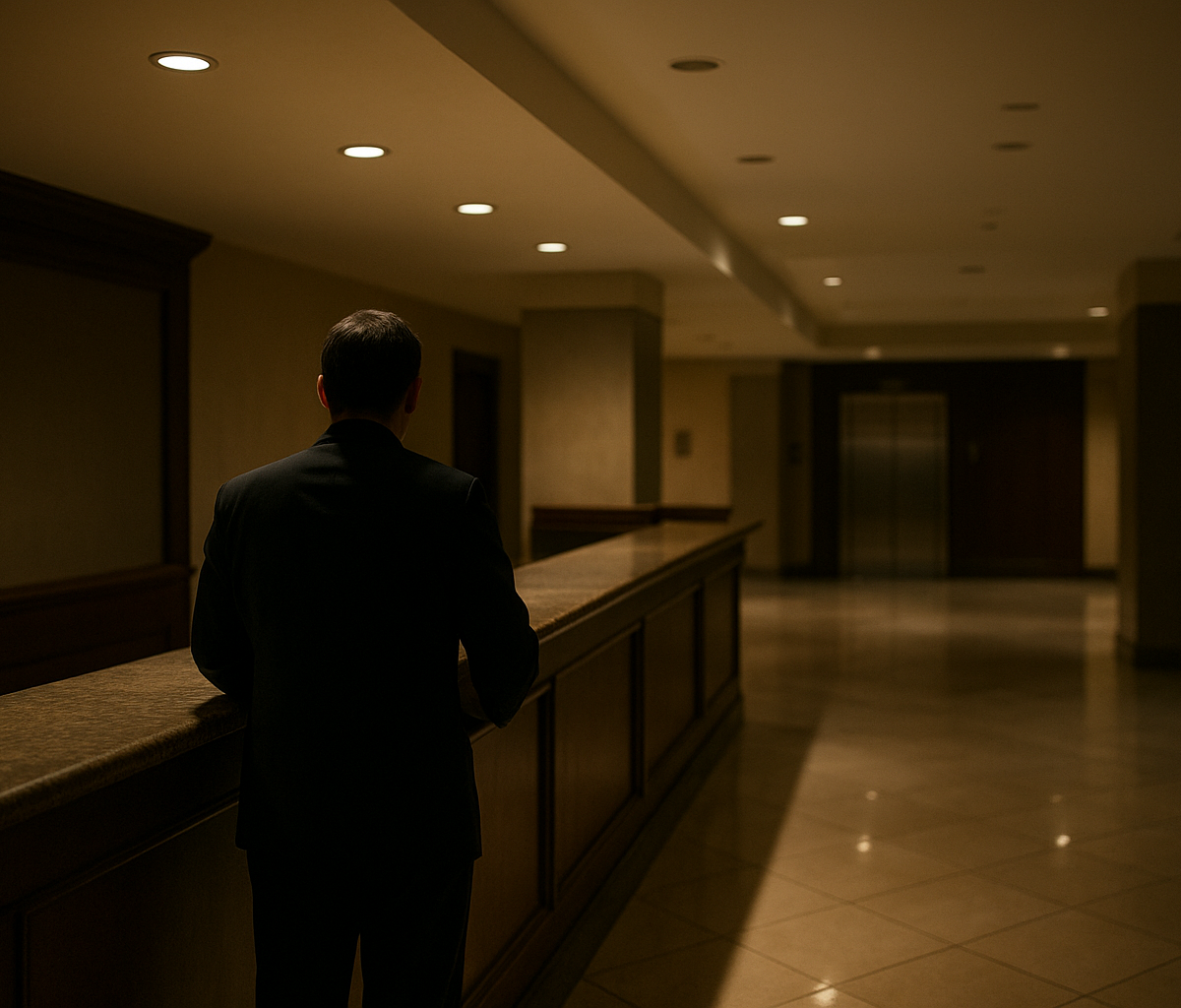 Hotel front desk manager reviewing overnight schedule in quiet lobby