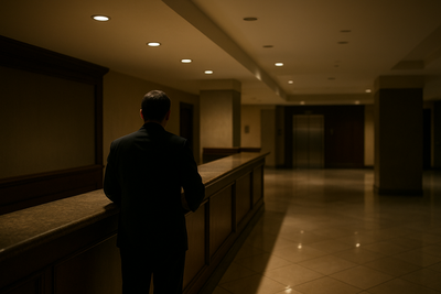 Hotel front desk manager reviewing overnight schedule in quiet lobby