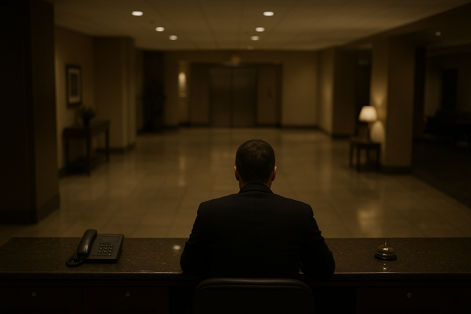 Hotel front desk manager checking schedule during overnight lobby shift