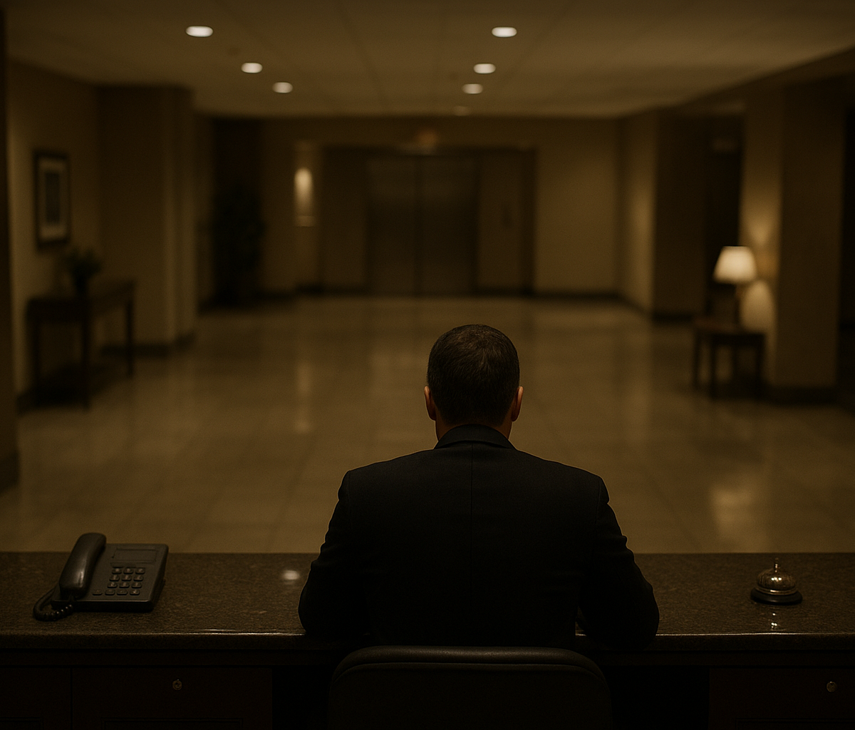 Hotel front desk manager checking schedule during overnight lobby shift