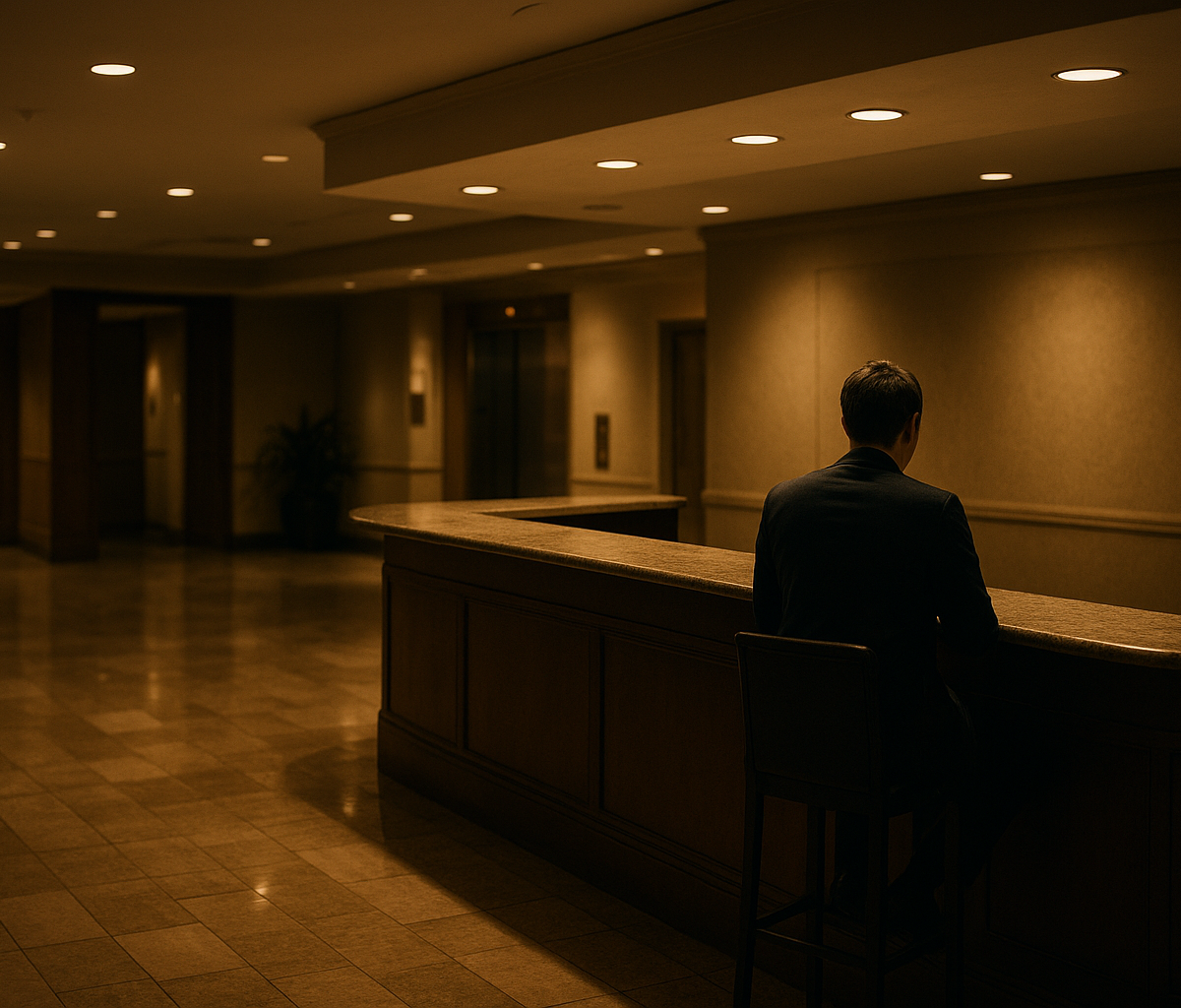 Hotel front desk manager checking schedule monitor during overnight lobby shift