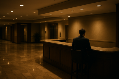 Hotel front desk manager checking schedule monitor during overnight lobby shift