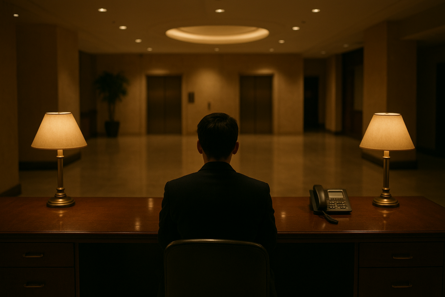 Hotel front desk clerk checking schedule during late night lobby shift