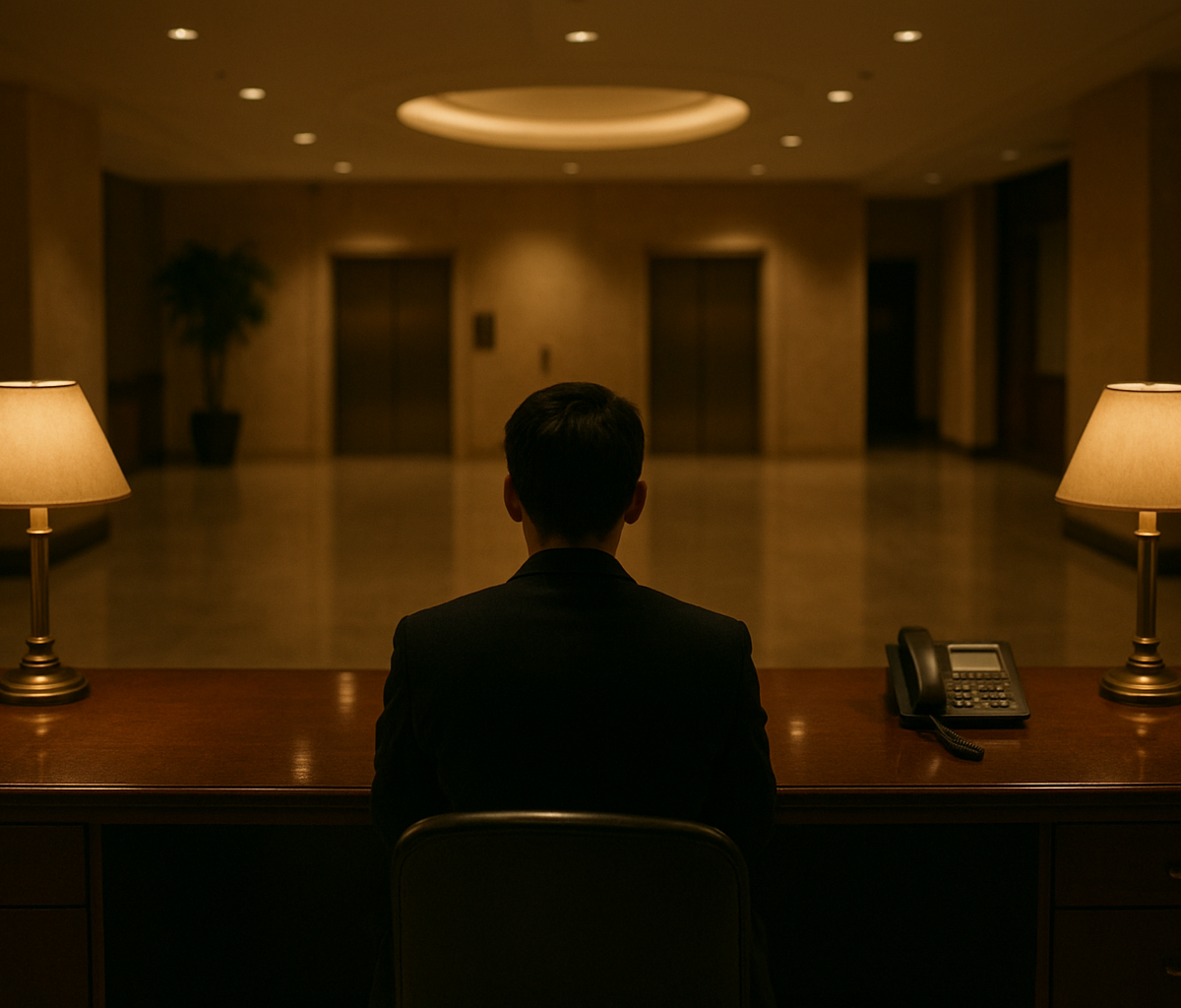 Hotel front desk clerk checking schedule during late night lobby shift