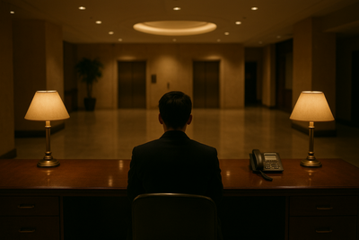 Hotel front desk clerk checking schedule during late night lobby shift
