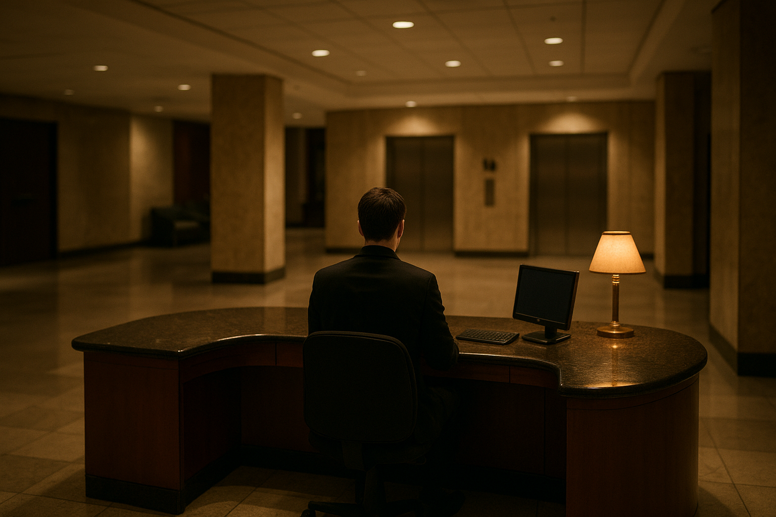 Hotel front desk manager checking schedule during late night lobby shift
