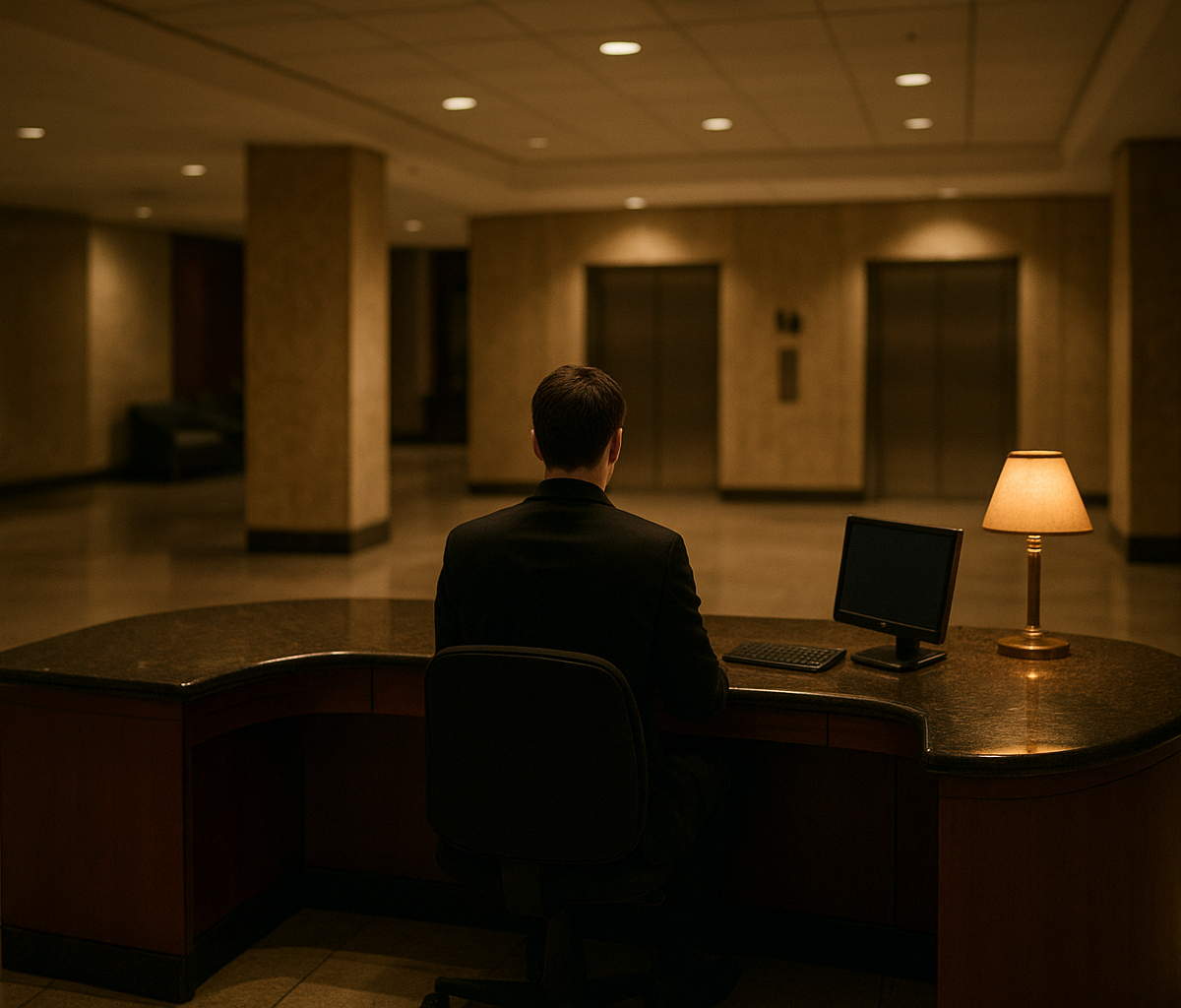 Hotel front desk manager checking schedule during late night lobby shift