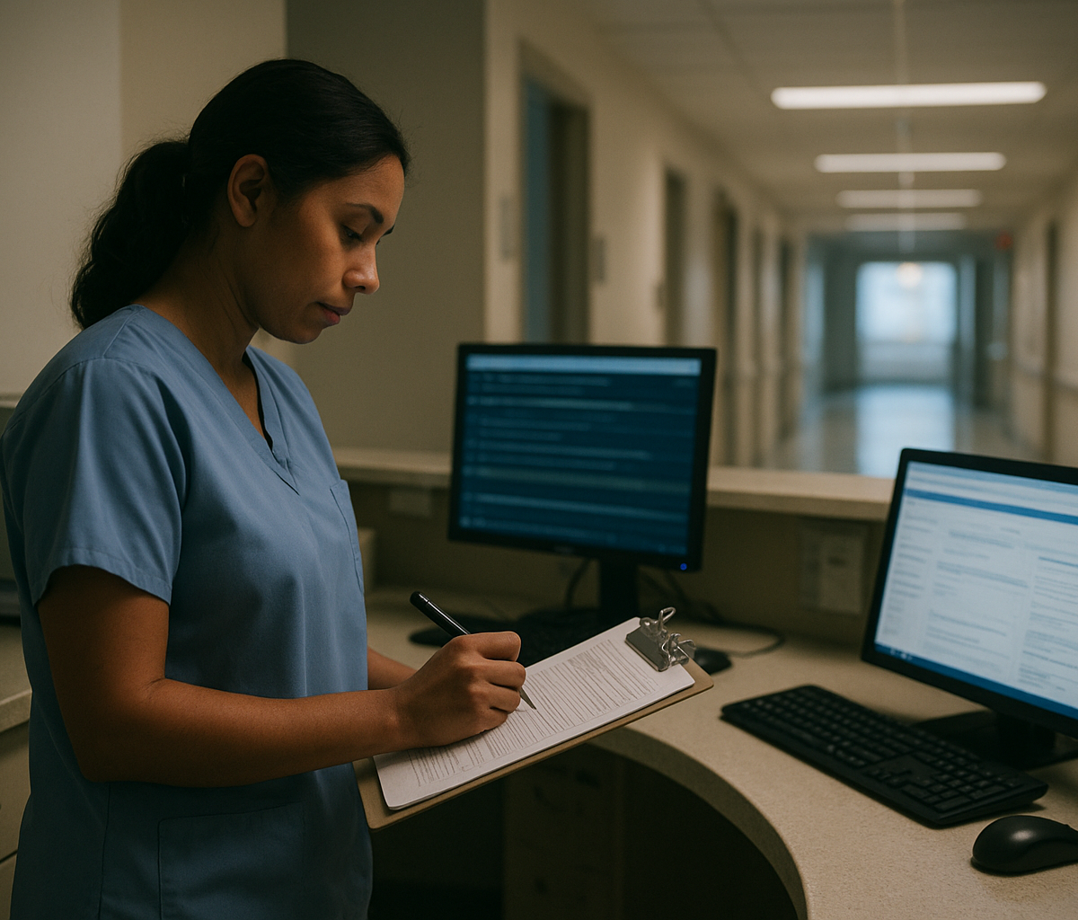 Charge nurse reviewing staffing board at hospital unit before dawn shift