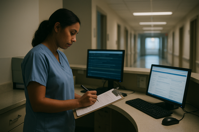 Charge nurse reviewing staffing board at hospital unit before dawn shift