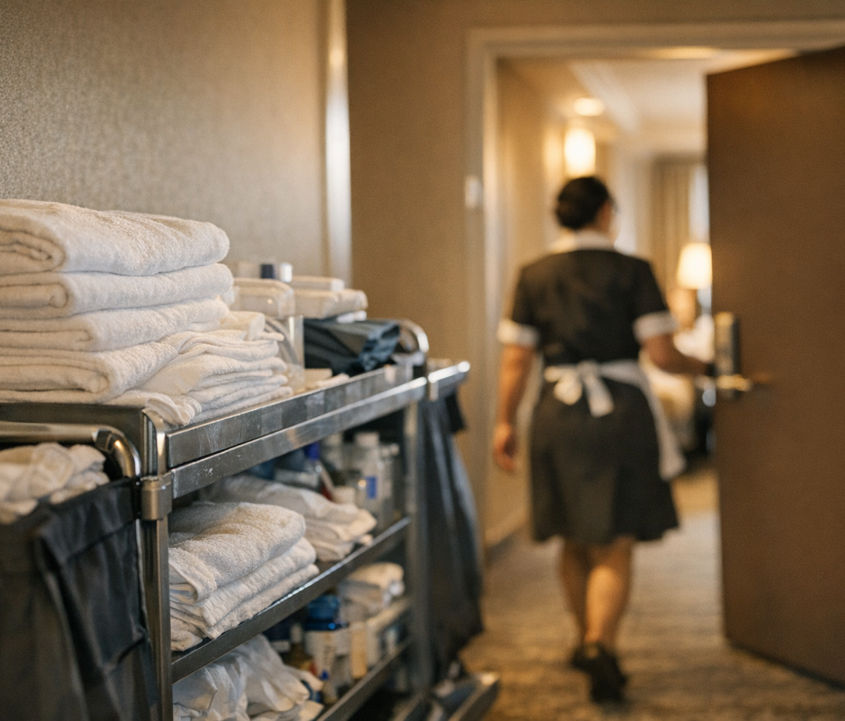 Hotel housekeeping manager reviewing room assignments with staff in service hallway