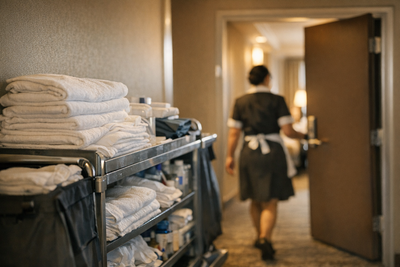 Hotel housekeeping manager reviewing room assignments with staff in service hallway