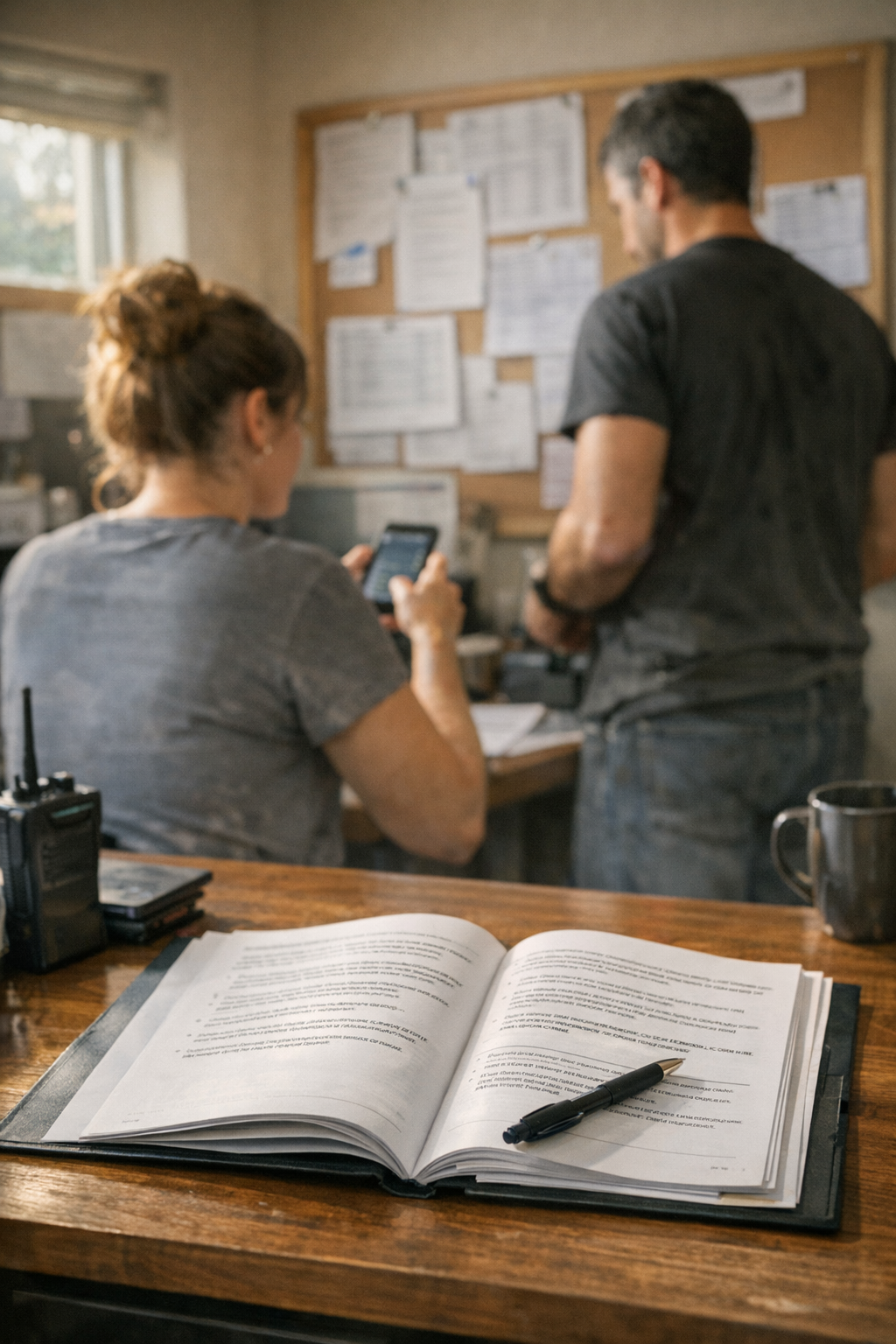 Restaurant manager reviewing schedule while employee speaks in office