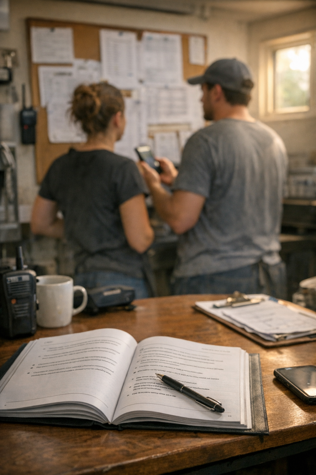Restaurant manager reviewing schedule with server in busy dining room