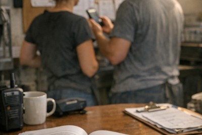 Restaurant manager reviewing schedule with server in busy dining room