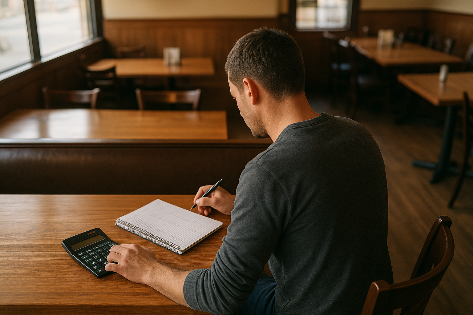 Restaurant manager reviewing staffing spreadsheet before service in busy dining room