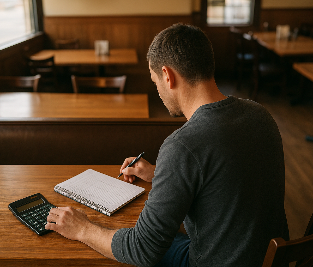 Restaurant manager reviewing staffing spreadsheet before service in busy dining room