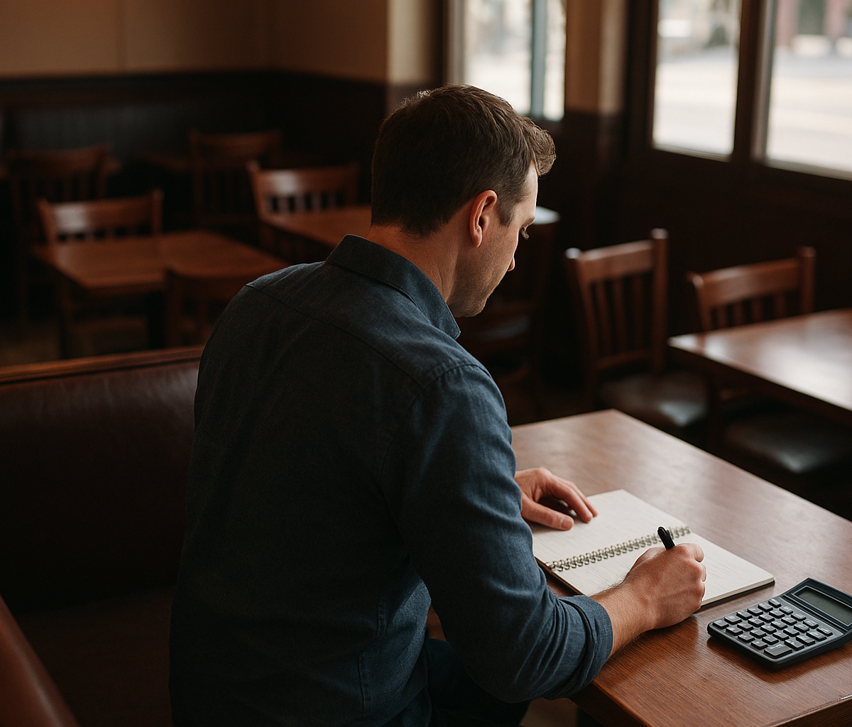 Restaurant manager reviewing staffing spreadsheet before service in dining room