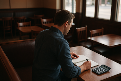 Restaurant manager reviewing staffing spreadsheet before service in dining room
