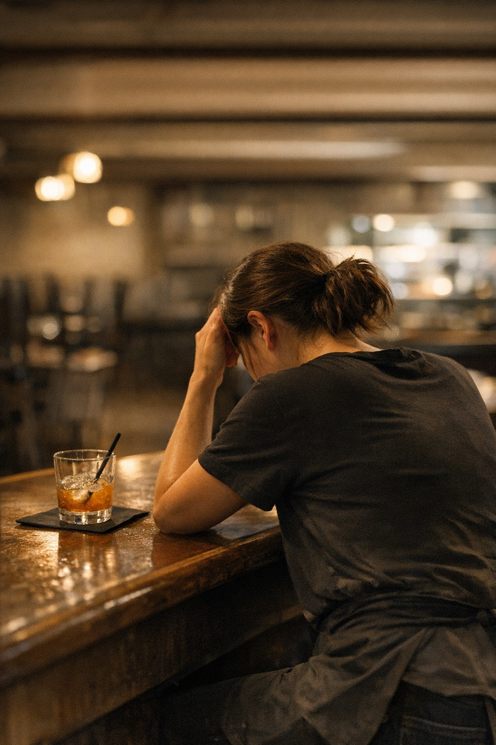 Tired restaurant server checking phone after a long shift in back hallway