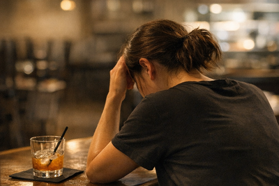 Tired restaurant server checking phone after a long shift in back hallway