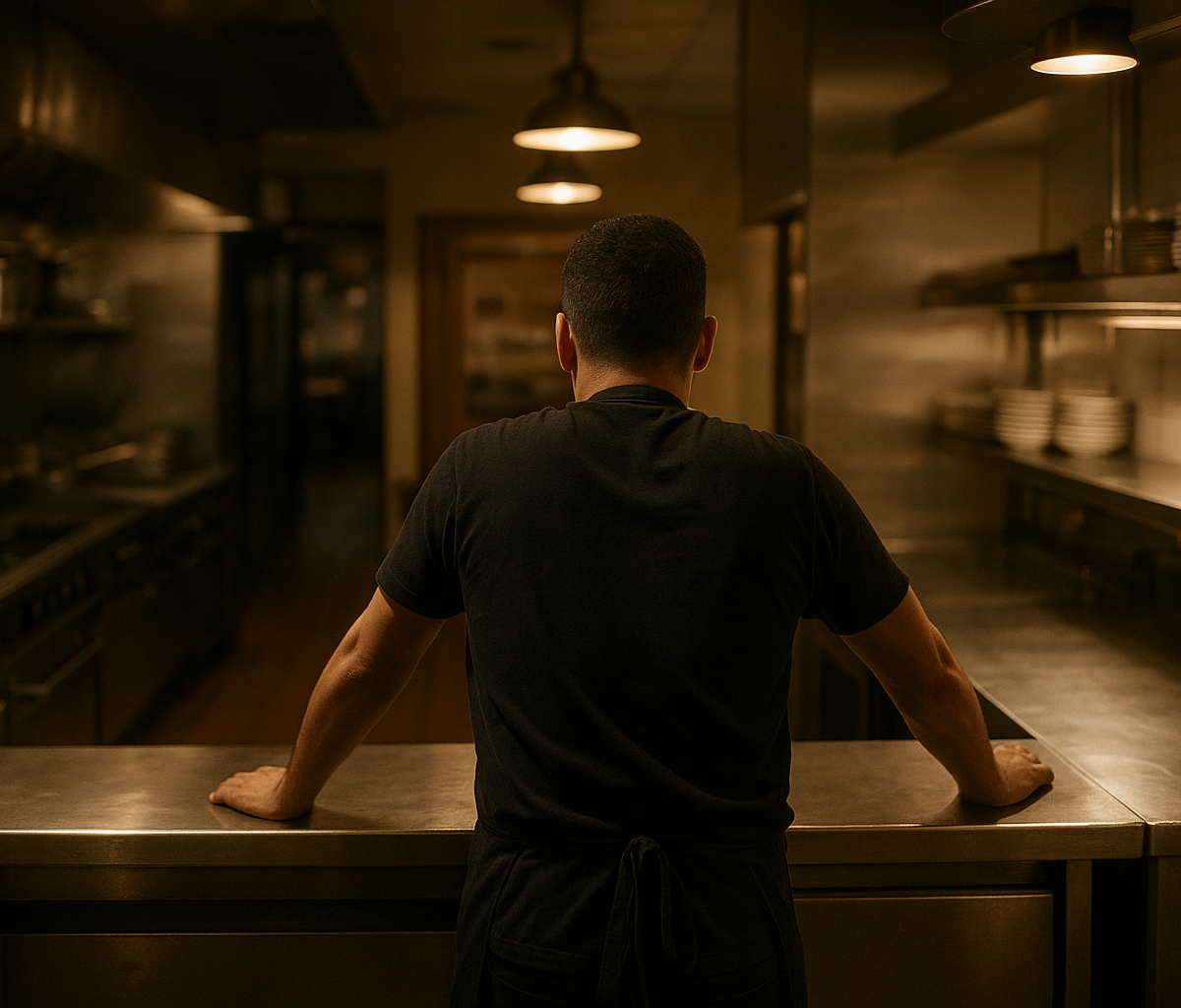 Restaurant manager checking schedule board while kitchen staff prep for service