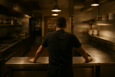 Restaurant manager checking schedule board while kitchen staff prep for service