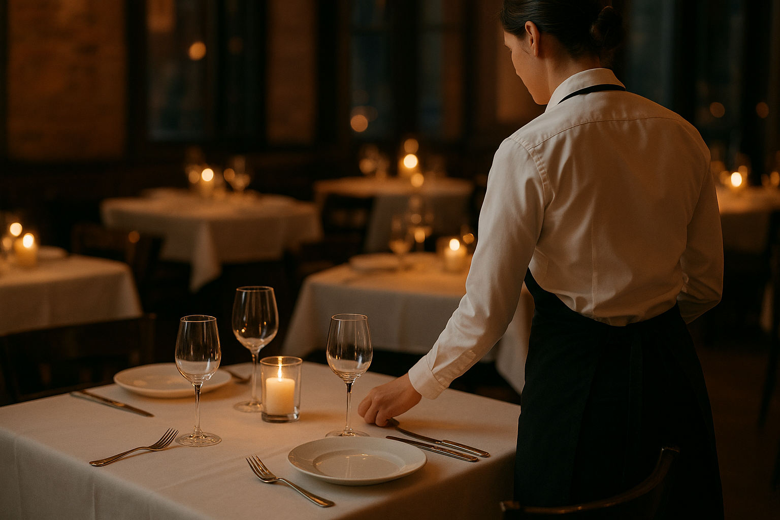 Restaurant manager reviews holiday schedule with servers before busy dinner service