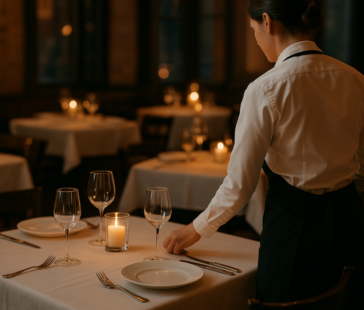 Restaurant manager reviews holiday schedule with servers before busy dinner service