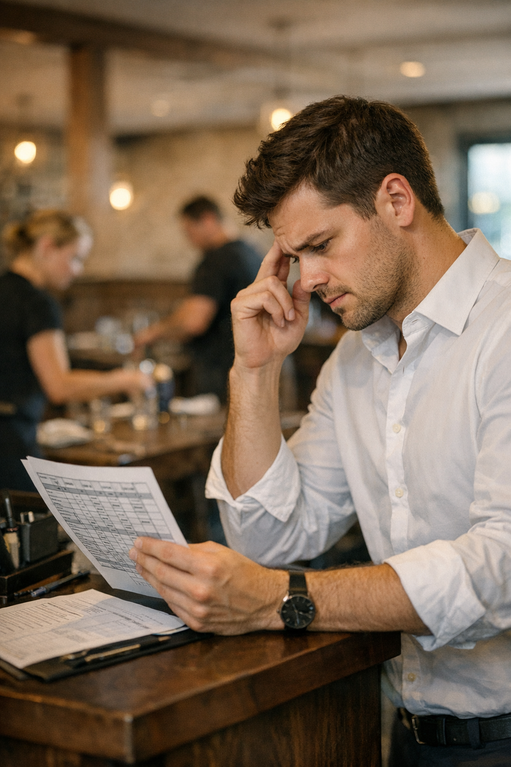 Restaurant manager reviewing staff schedule in office before dinner service