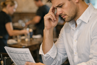 Restaurant manager reviewing staff schedule in office before dinner service