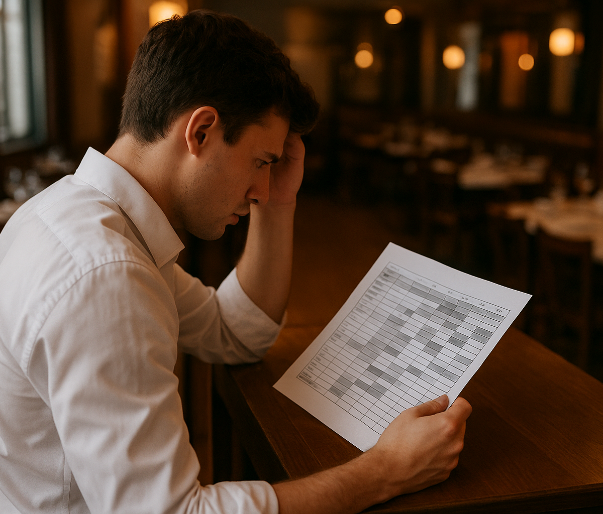 Restaurant manager reviewing staff schedule in office before dinner shift