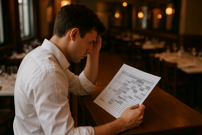 Restaurant manager reviewing staff schedule in office before dinner shift