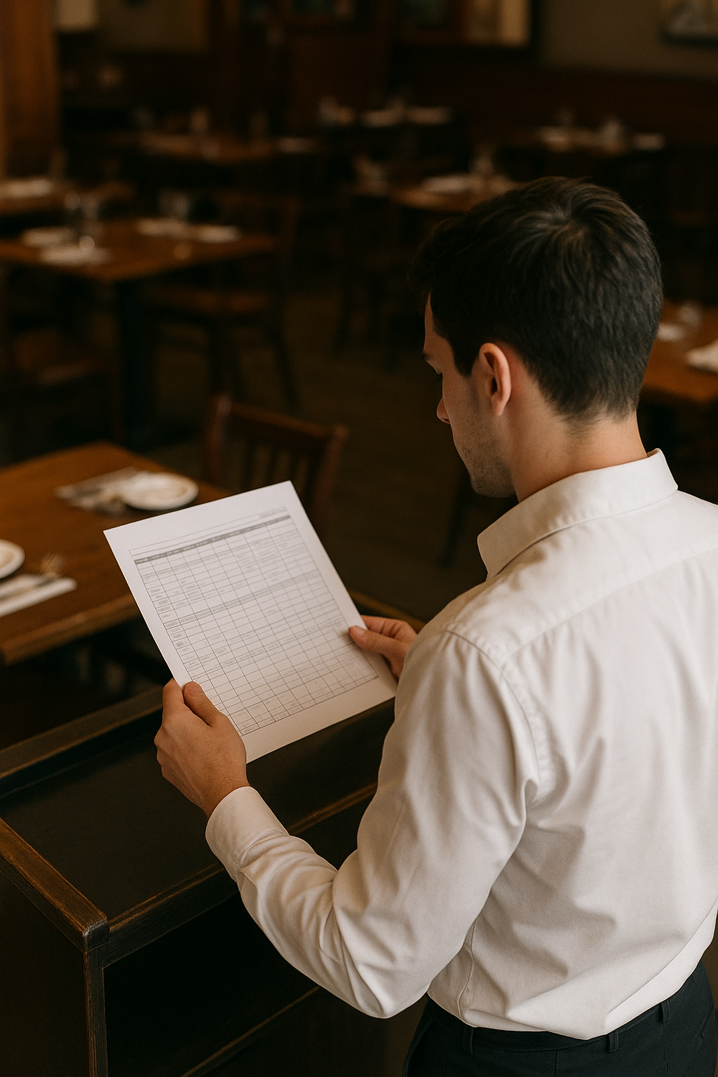 Restaurant manager reviewing staff schedule in office before dinner service